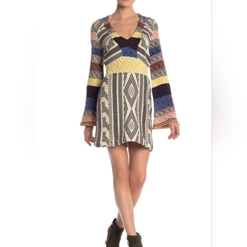 FREE PEOPLE XS Multicolor Patchwork Long Bell Sleeve Sweater Dress